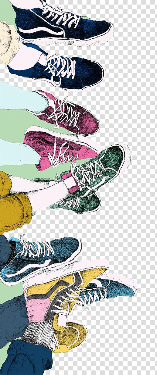 assorted-color Vans sneakers illustration, Vans Sneakers Drawing Shoe Illustration, Hand-painted male women wear shoes transparent background PNG clipart