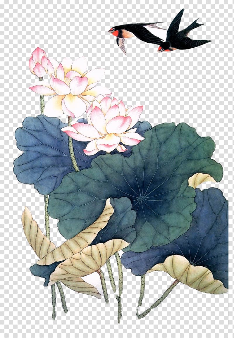 birds above lotus flowers, Hanoi Art glass paintings Licoglass Nelumbo nucifera, Hand-painted Chinese style lotus Swallow transparent background PNG clipart