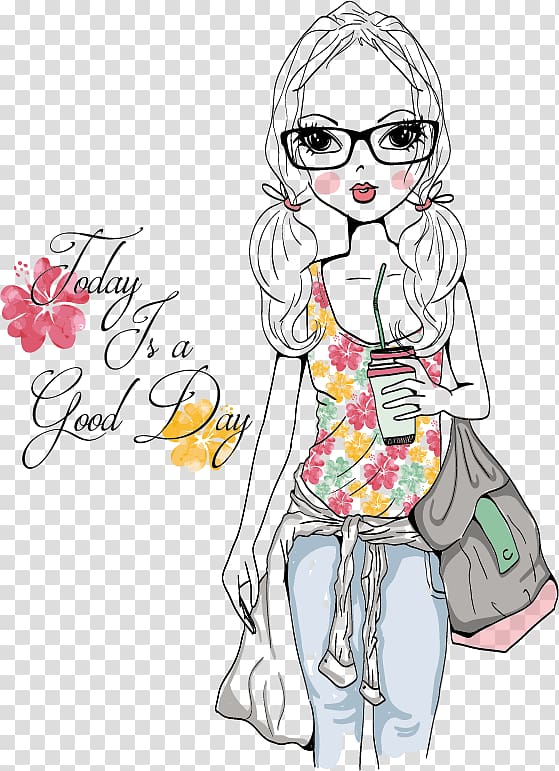 woman holding cup with straw with overlay text illustration, T-shirt Drawing Illustration, Cartoon girls transparent background PNG clipart