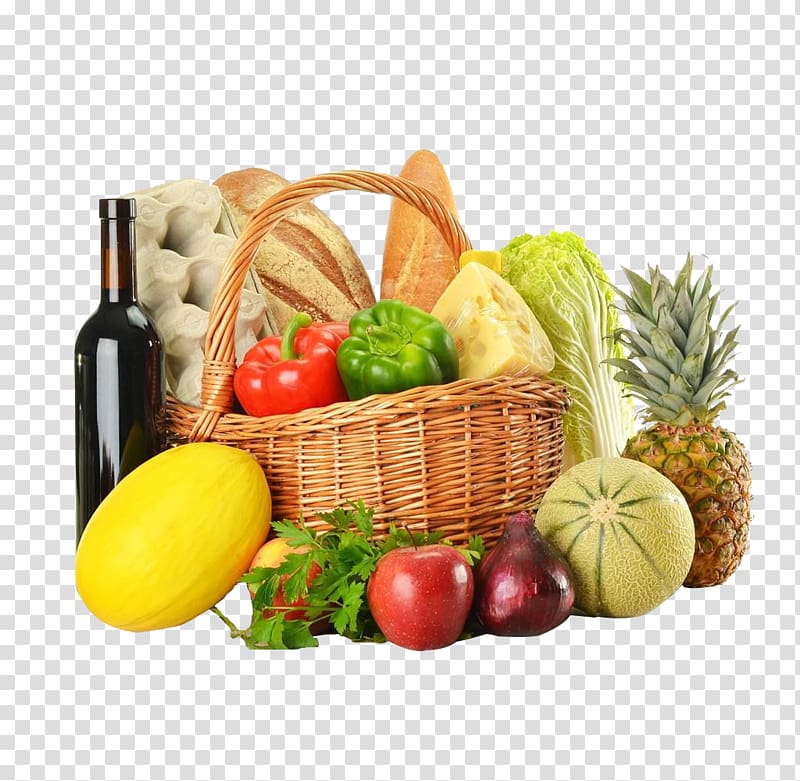Food Basket Vegetable Fruit , Wine melon red pepper peppers pineapple tomatoes transparent background PNG clipart