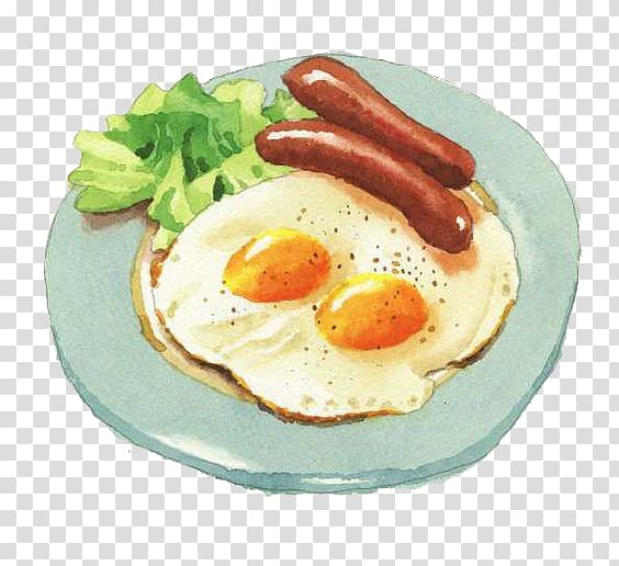 Japanese Cuisine Breakfast Watercolor painting Food Illustration, Cartoon sausage eggs transparent background PNG clipart
