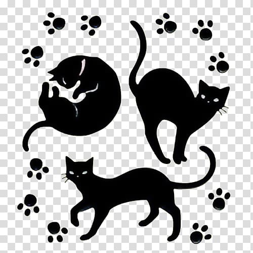 Whiskers Black cat Wildcat, Black cartoon cat and footprint transparent background PNG clipart