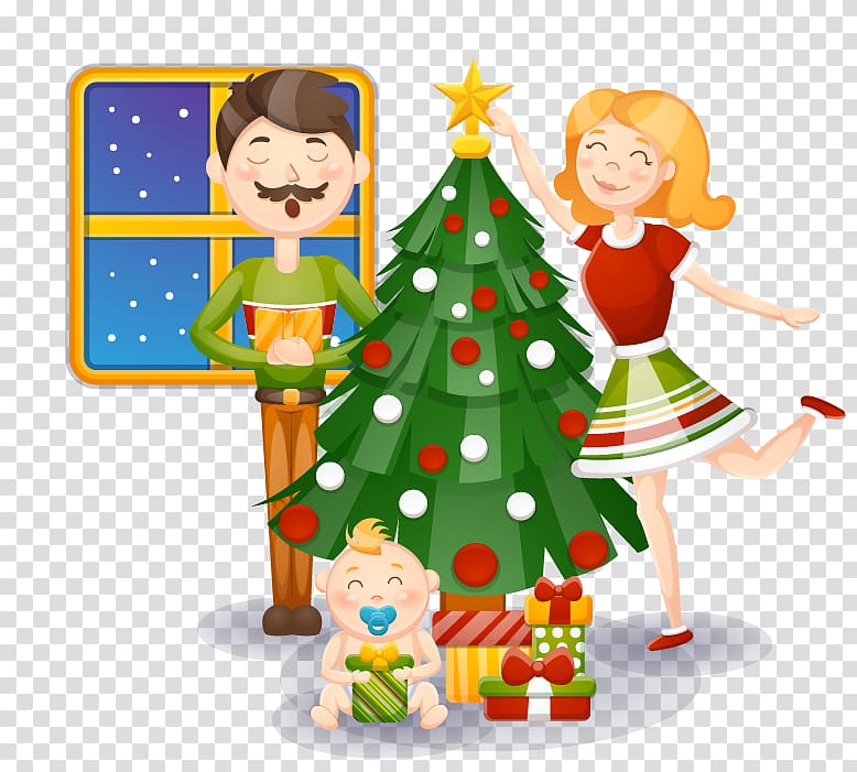 Christmas tree , cartoon family celebrate Christmas transparent background PNG clipart