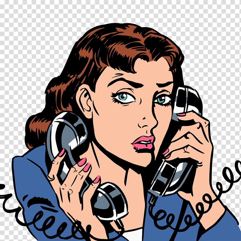 woman holding two telephones , Pop art Illustration, The woman holding the phone transparent background PNG clipart