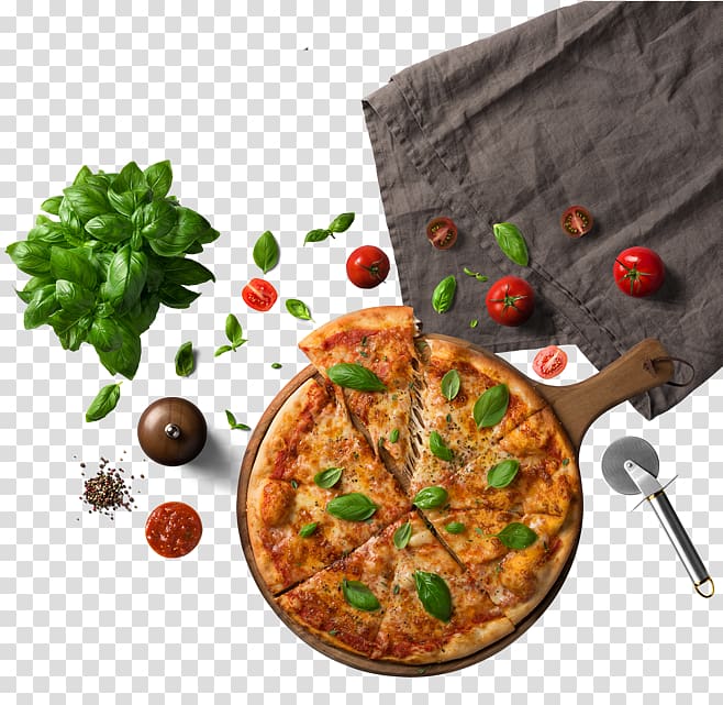 Pizza Chili con carne Food Pasta Ingredient, Pizza next to the tablecloth, slice pizza beside basil transparent background PNG clipart