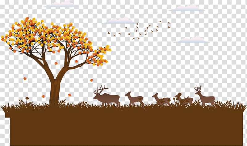 deer walking on grass towards tree illustration, painted autumn scenery transparent background PNG clipart