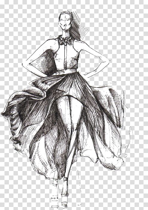 woman wearing dress sketch, New York Fashion Week Fashion design Fashion illustration Sketch, Graffiti sketch girls transparent background PNG clipart