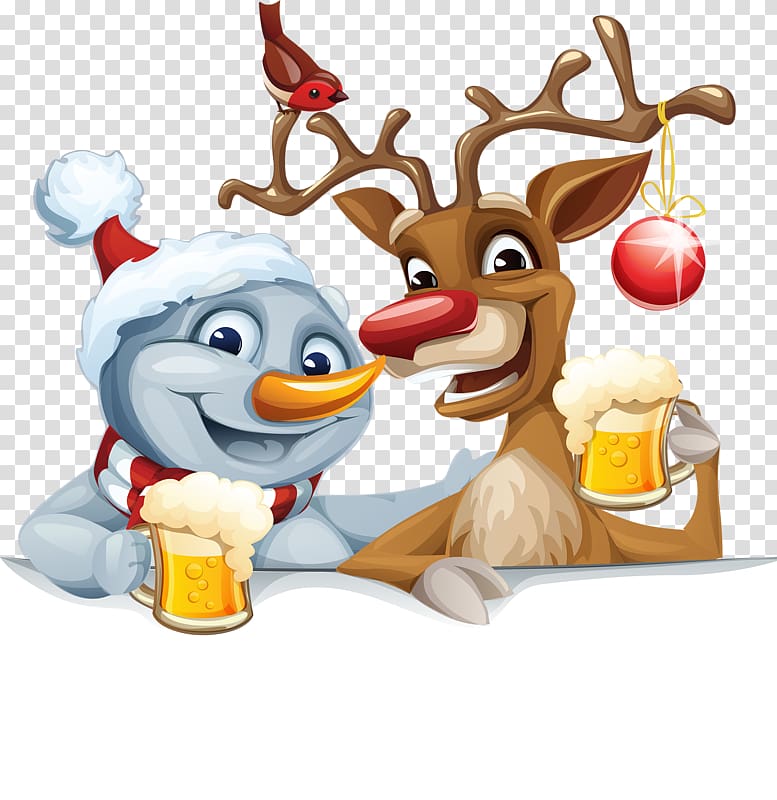 reindeer and snowman drinking beer illustration, Santa Claus\'s reindeer Santa Claus\'s reindeer Christmas , Elk and snowman transparent background PNG clipart