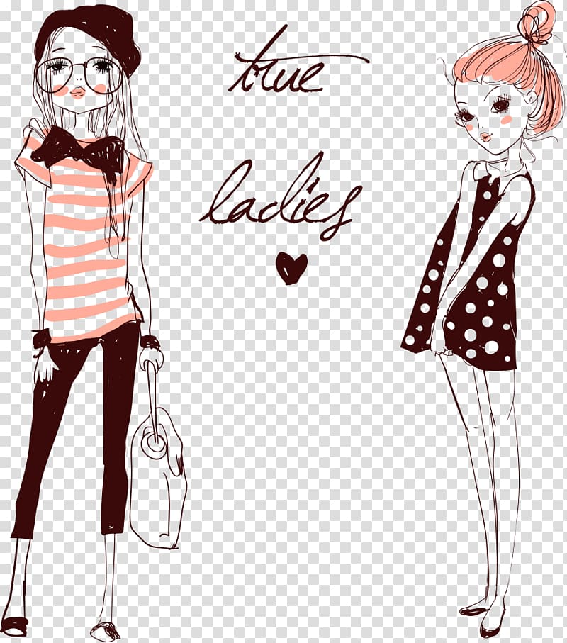 two girls with true ladies , Fashion illustration Girl Illustration, cartoon beautiful girl transparent background PNG clipart