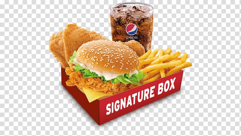 box of burger, French fries, and drumstick, Kfc Signature Box transparent background PNG clipart