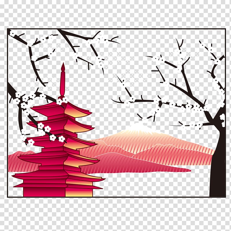 Mount Fuji Japanese pagoda Illustration, Plum tower transparent background PNG clipart