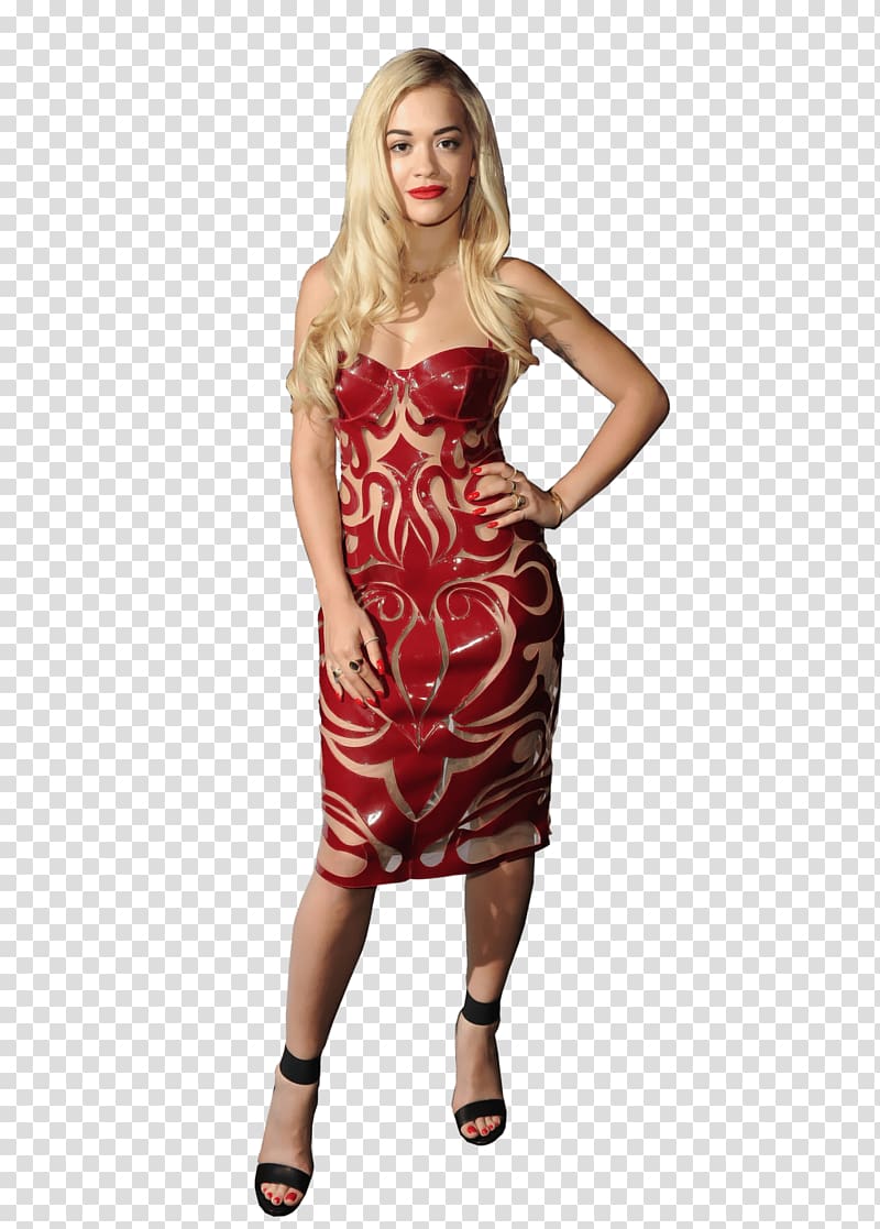 woman wearing red strapless dress, Rita Ora Dress transparent background PNG clipart
