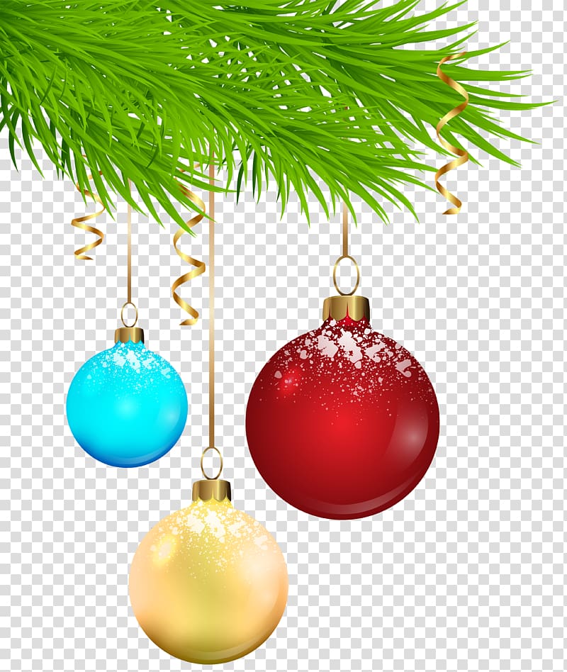 three assorted-color Christmas baubles art, Christmas tree Christmas ornament Santa Claus New Year, Deco Christmas Balls transparent background PNG clipart