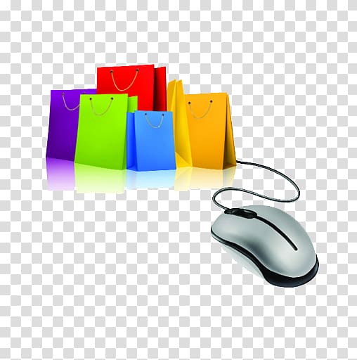 gray and black corded mouse near paper bags illustration, Online shopping , Online shopping with the mouse transparent background PNG clipart