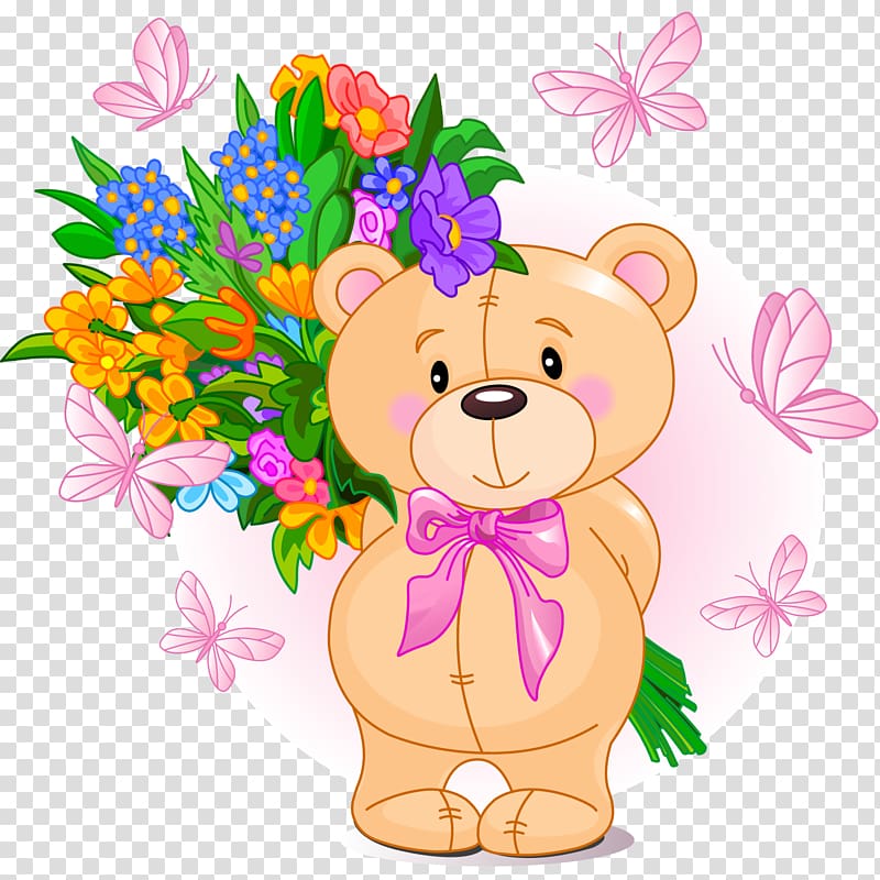 Teddy bear , pastel flowers transparent background PNG clipart