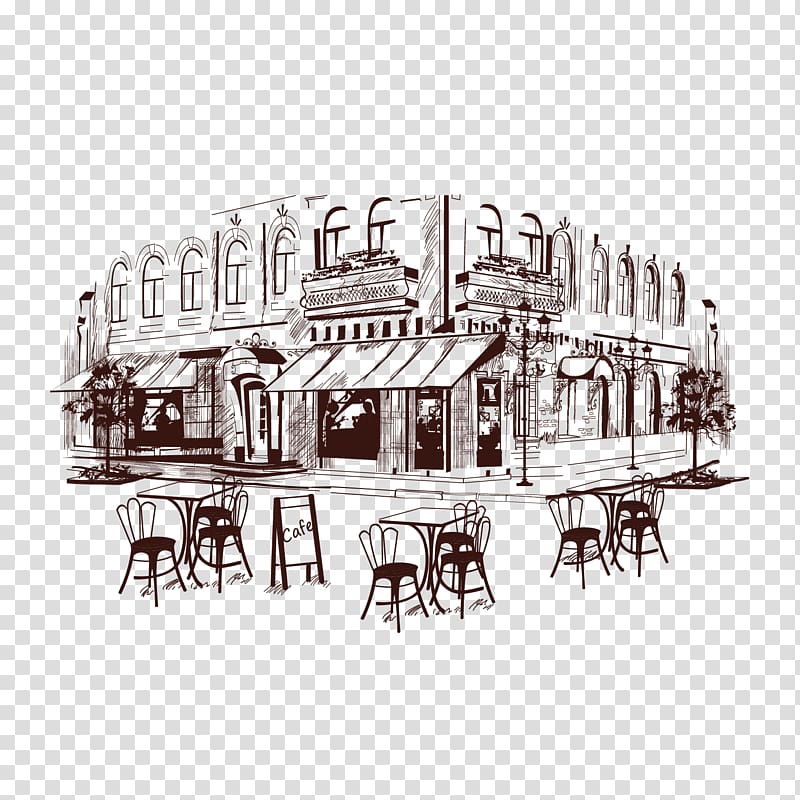 building illustration, Coffee Cafe Drawing Illustration, Cafe town transparent background PNG clipart
