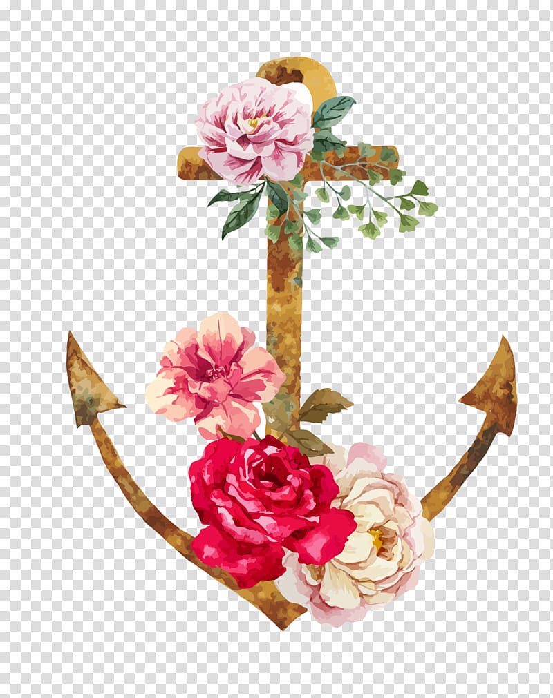 brown anchor with pink and red flowers illustration, Flower Anchor Tattoo Illustration, Fresh flowers watercolor anchor transparent background PNG clipart