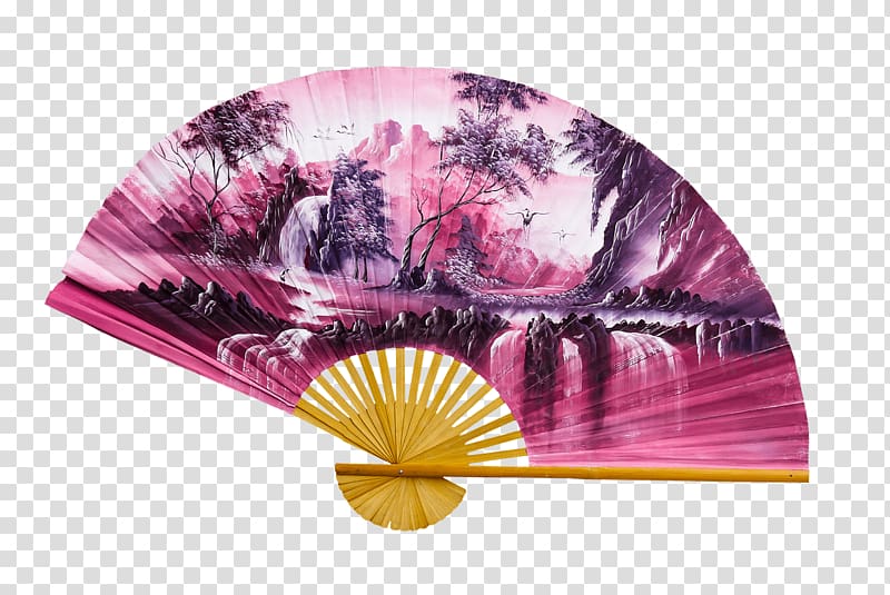 folding hand fan with waterfall scenery print, Chinese Fan Purple transparent background PNG clipart