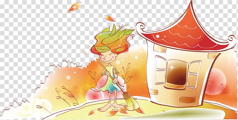 Autumn Child, Outside cabin cleaning leaves elf transparent background PNG clipart