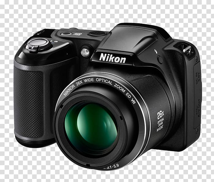 Nikon Coolpix L340 20.2 MP Compact Digital Camera, 720p, Black Point-and-shoot camera Nikon Coolpix L340 20.2 Mp Digital Camera With 28x Optical Zoom, Camera transparent background PNG clipart