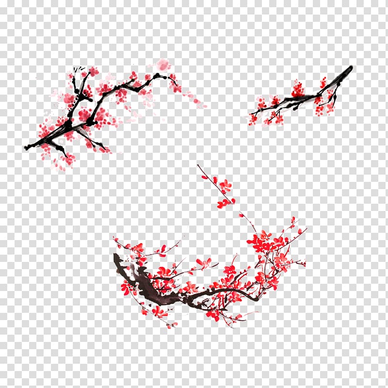 red cherry blossoms branches , Paper Ink wash painting Chinese painting, Ink Plum transparent background PNG clipart