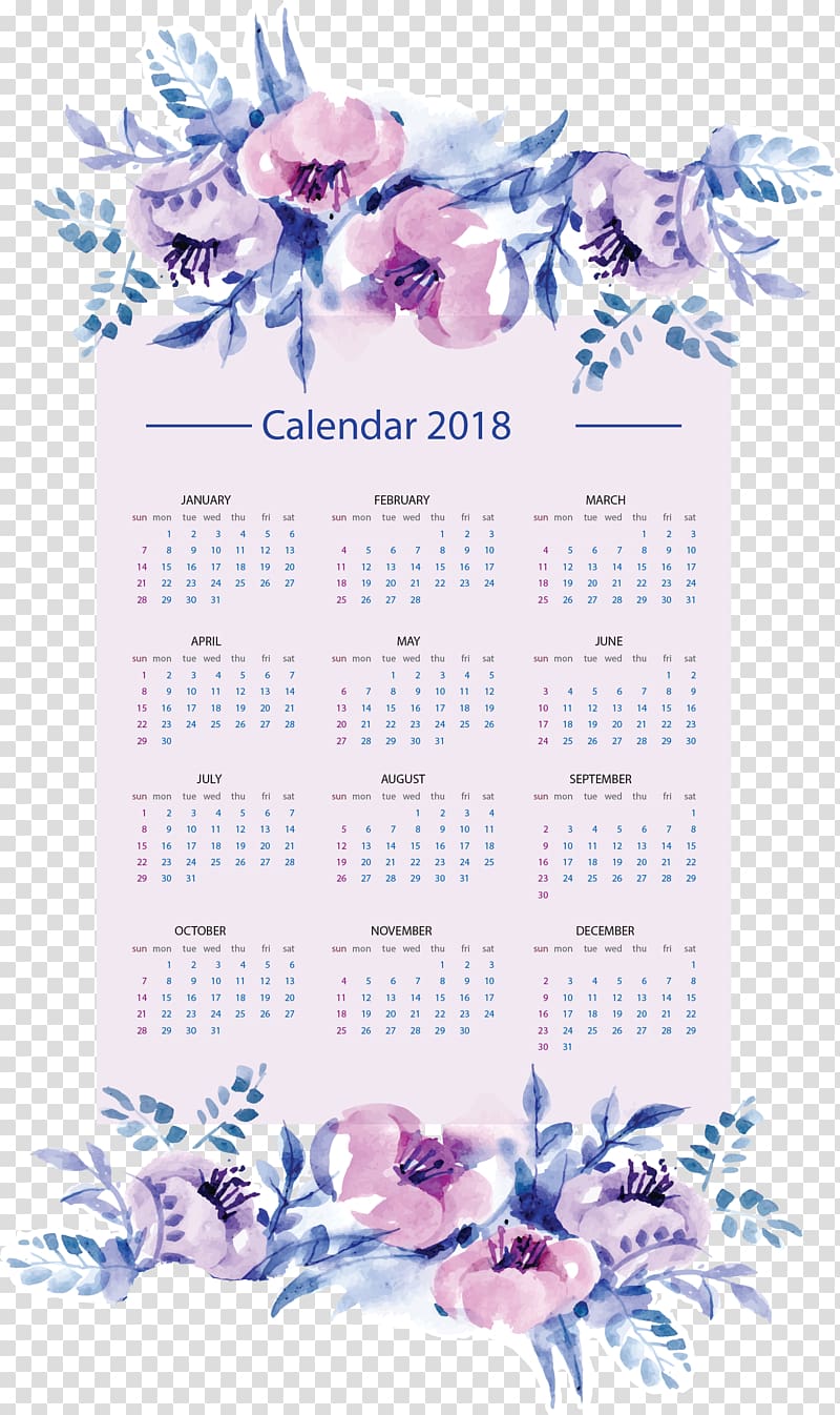 2018 wall calendar, Calendar Year, hand painted 2018 calendar transparent background PNG clipart
