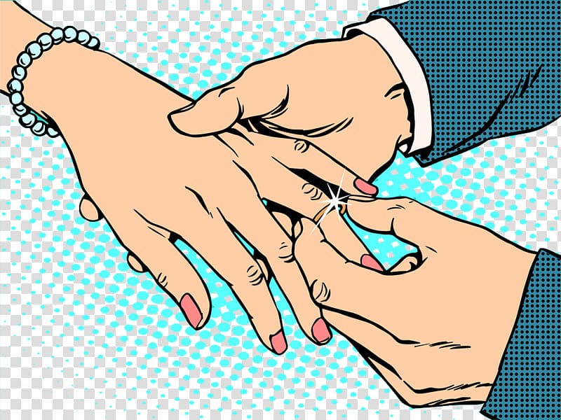 man putting ring on woman's hand digital illustration, Hand-painted exchange rings transparent background PNG clipart