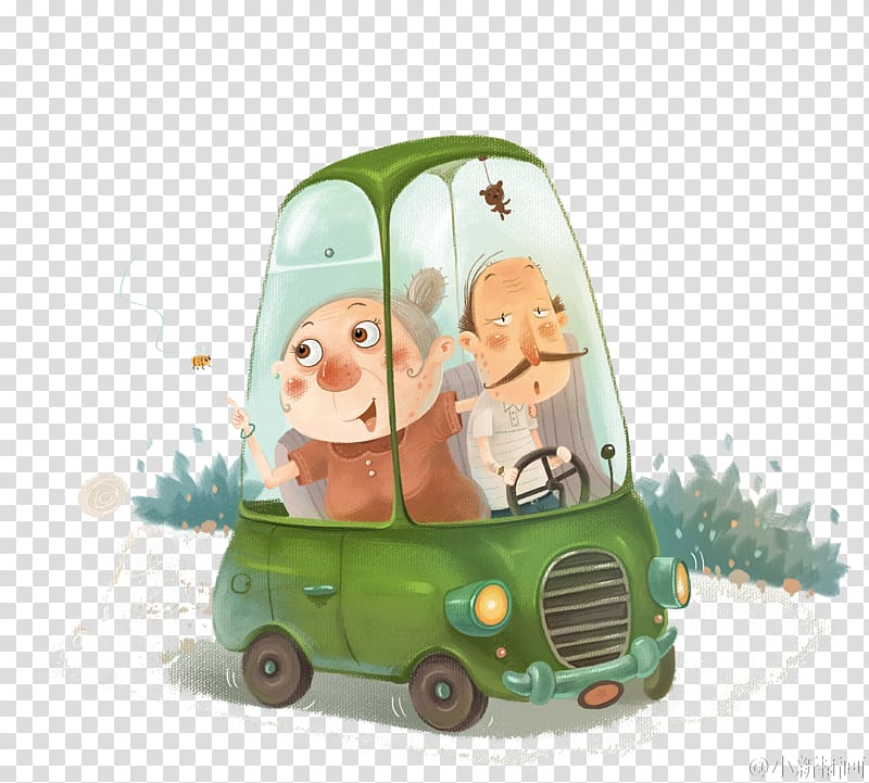 Adobe Illustrator Illustration, An old married couple traveling by car transparent background PNG clipart