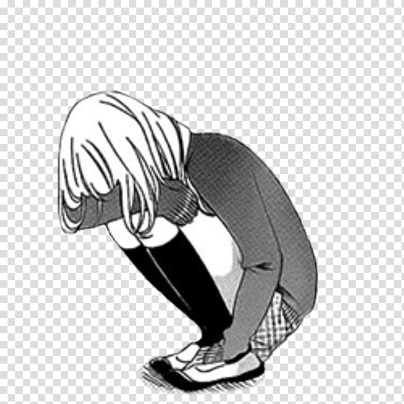 Anime Manga Black and white Girl Crying, Depressed transparent background PNG clipart