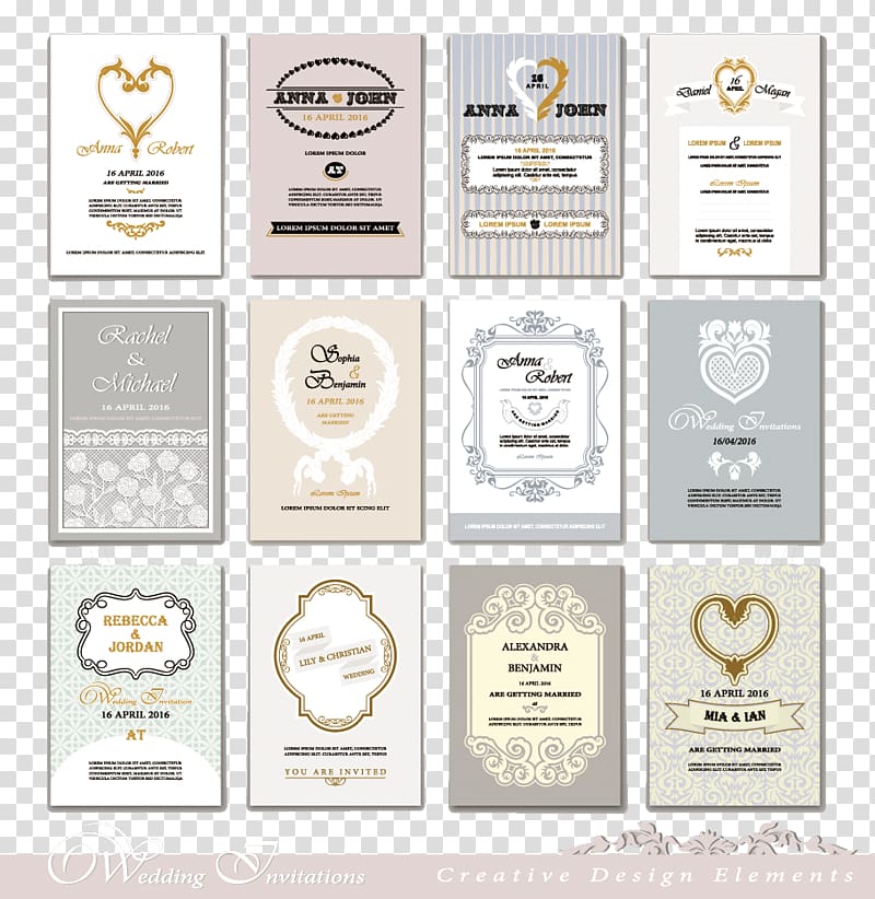 twelve assorted layouts collage, 12 Wedding Invitations transparent background PNG clipart