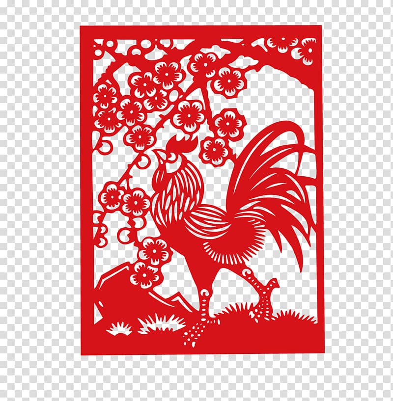 Chicken Papercutting Chinese zodiac , Folk paper-cut bloom and Cock transparent background PNG clipart