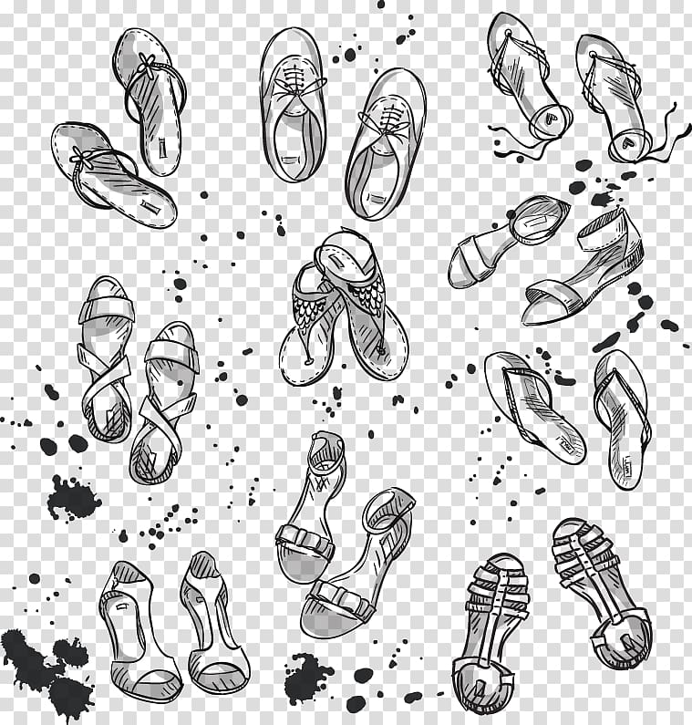 Shoe Footwear Drawing Illustration, Painted many pairs of shoes for Women transparent background PNG clipart