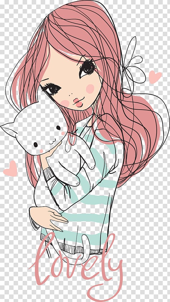 Cat Girl Cuteness Drawing , girl holding a kitten, girl holding cat illustration transparent background PNG clipart