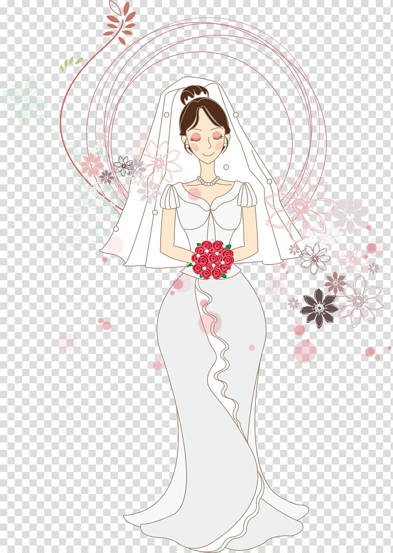 Flower Bride Drawing Illustration, Bride holding a bouquet transparent ...
