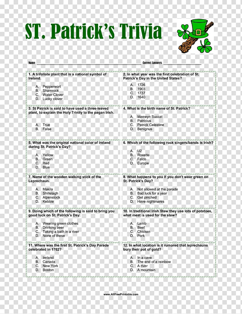 Saint Patrick's Day Trivia for Seniors Quiz Game, saint patrick's day transparent background PNG clipart