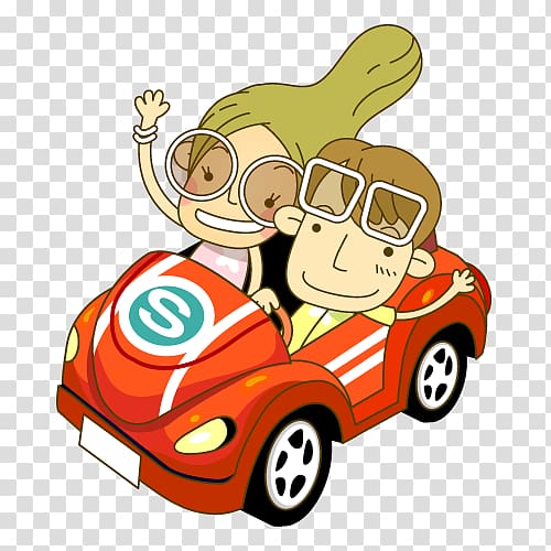 Cartoon Child Illustration, Men and women driving a sports car transparent background PNG clipart