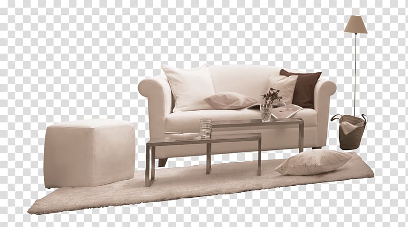 white rolled-arm sofa near ottoman and coffee table, Coffee table Couch Living room, Sofa table transparent background PNG clipart