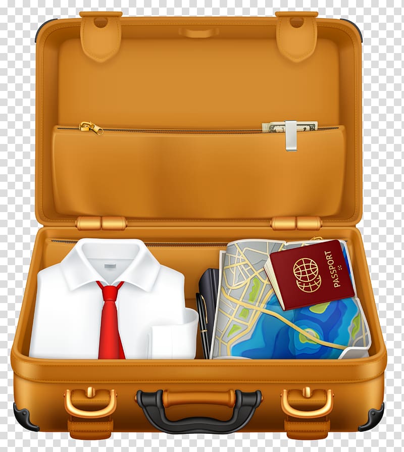 white dress shirt and passport inside brown luggage bag illustration, Suitcase Travel Baggage , Brown Suitcase with Clothes and Passport transparent background PNG clipart
