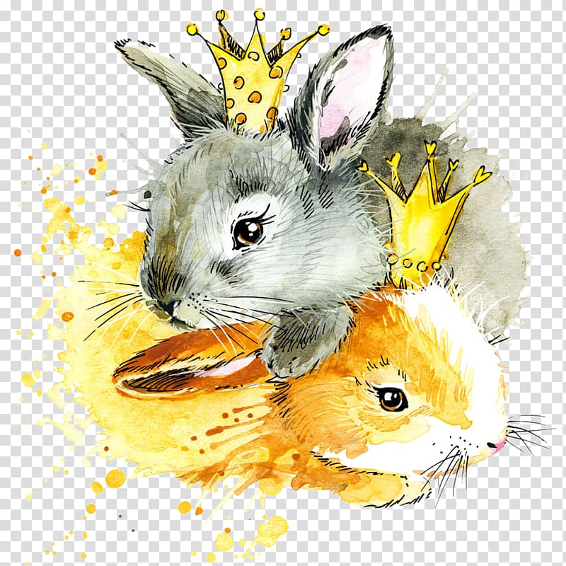 grey and brown rabbits illustration, Watercolor painting Drawing European rabbit Illustration, Watercolor cartoon rabbit transparent background PNG clipart