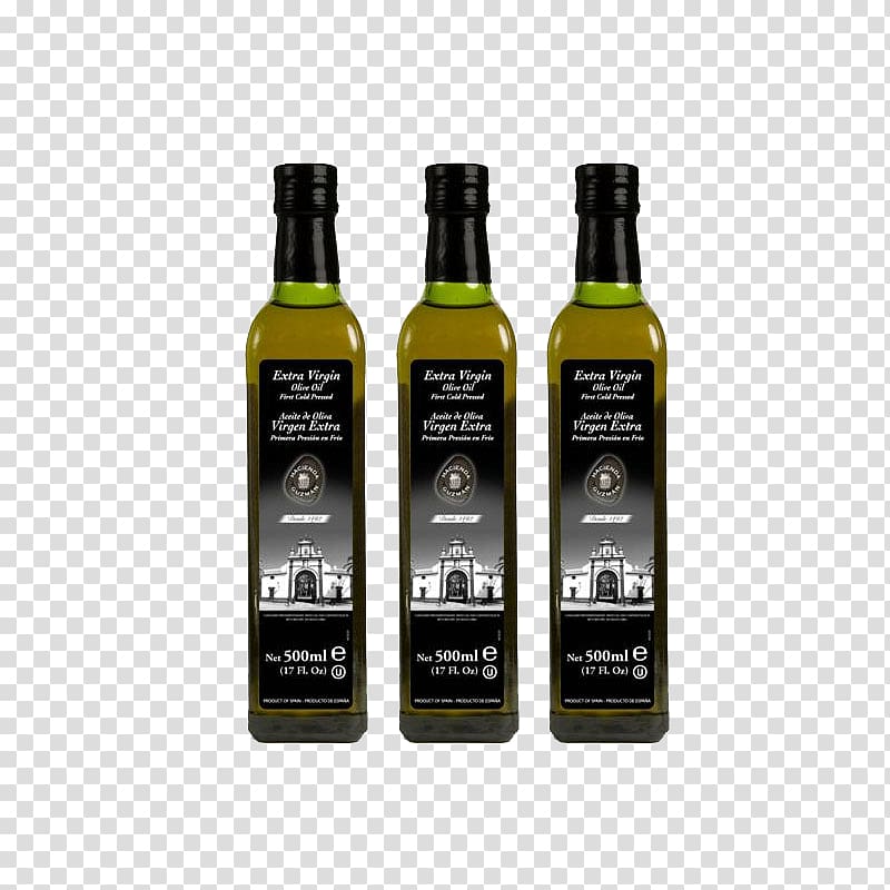 Bottle Glass Olive oil Vegetable oil, Three bottles of olive oil transparent background PNG clipart