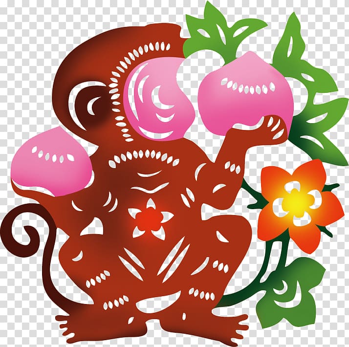 Monkey Chinese New Year Earthly Branches Papercutting, Chinese paper-cut style zodiac monkey transparent background PNG clipart