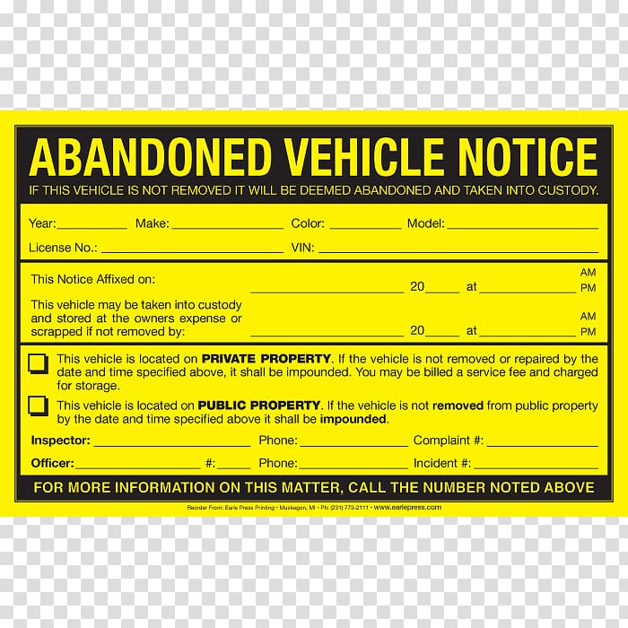 Car Abandoned vehicle Sticker Parking violation, letterhead design transparent background PNG clipart