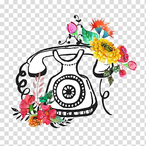 Watercolor painting Flower Illustration, Retro Telephone Pattern artwork transparent background PNG clipart