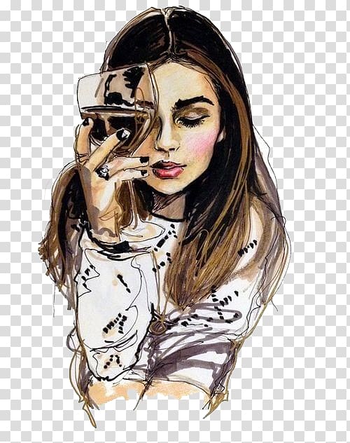 woman holding wine glass filled black liquid painting, Wine Drawing Woman Sketch, drink transparent background PNG clipart