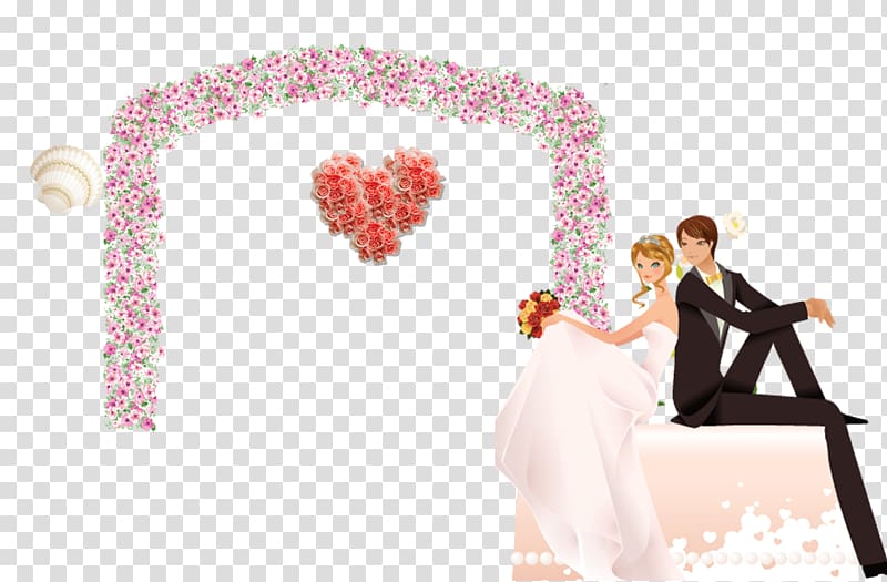 wedding couple sitting on table beside arch of flowers , Wedding invitation Marriage Happiness Wish, Door bride and groom wedding transparent background PNG clipart