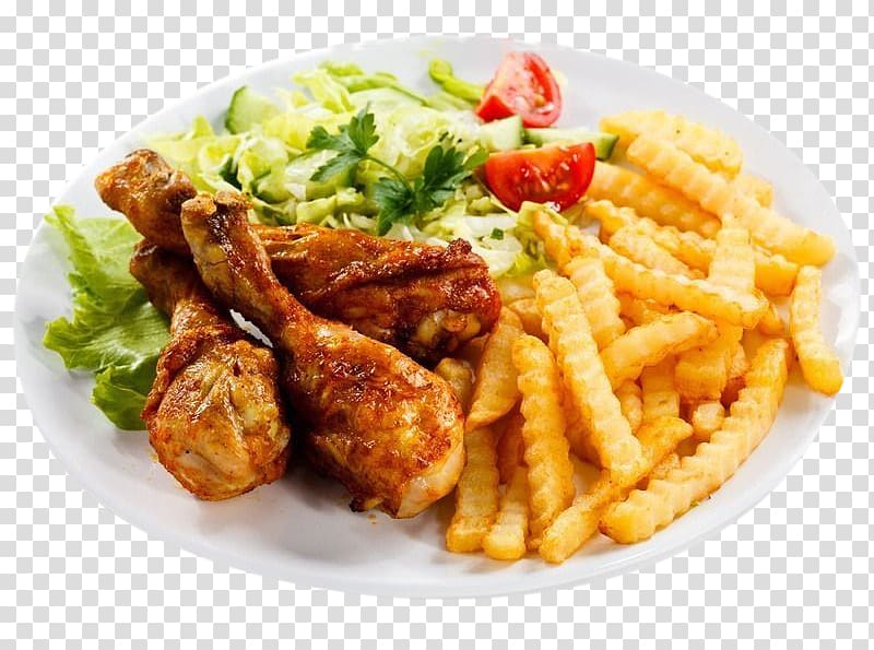 cooked chicken, salad, and fries on round white ceramic plate, Buffalo wing Fried chicken French fries Fast food Chicken fingers, Fried chicken pasta salad transparent background PNG clipart