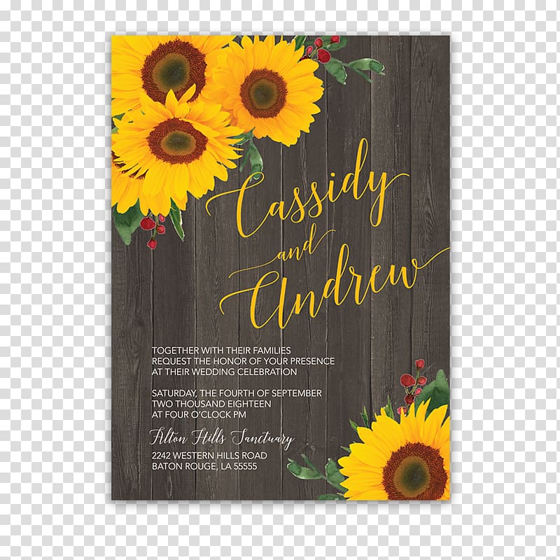 Wedding invitation Greeting & Note Cards Bridal shower Wedding reception, sunflowers transparent background PNG clipart