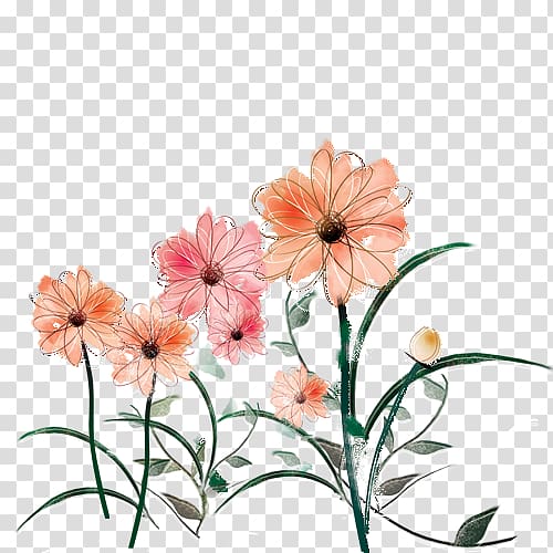 No Illustration, Hand painted ink orange wild chrysanthemum green leaves material transparent background PNG clipart
