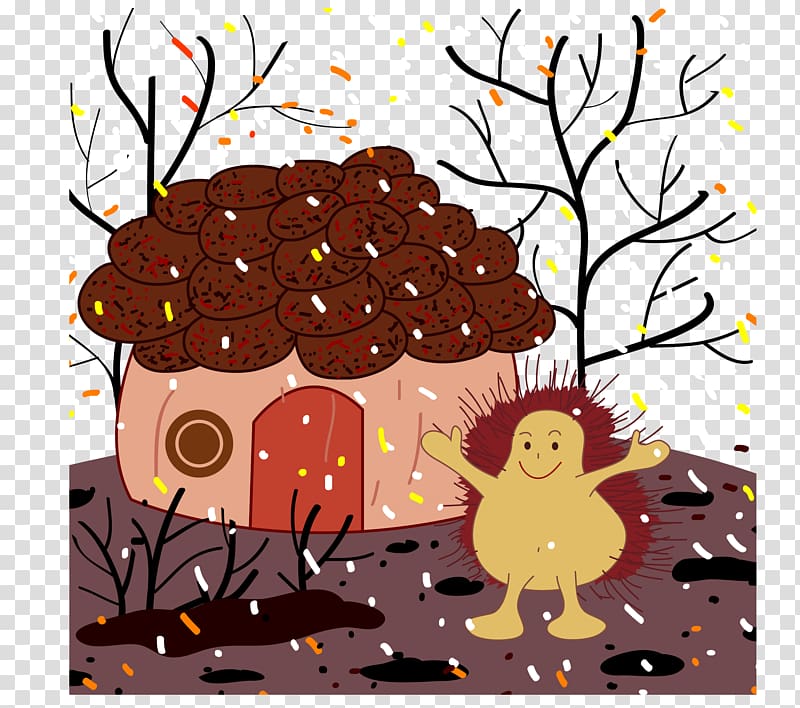 Hedgehog Cartoon Illustration, Color cartoon hedgehog home snow transparent background PNG clipart
