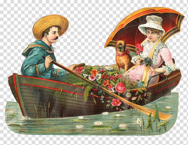 man rowing on boat near woman holding umbrella painting, Couple On A Boat With Dog Victorian Vintage transparent background PNG clipart